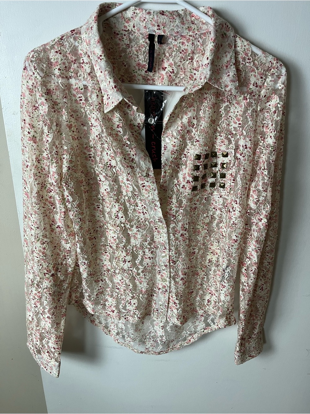 Lace Floral Button-Down Blouse - Pink/Cream